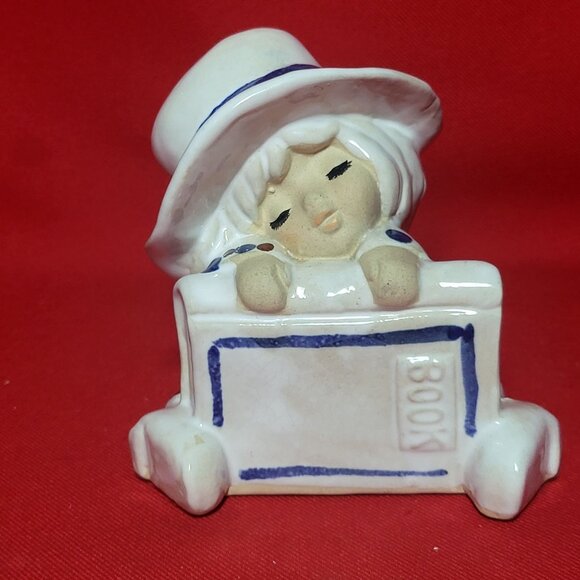 Vintage UCTCI Sitting Girl Hat Book Figurine Incense Stick Holder Ceramic Japan - Picture 1 of 12